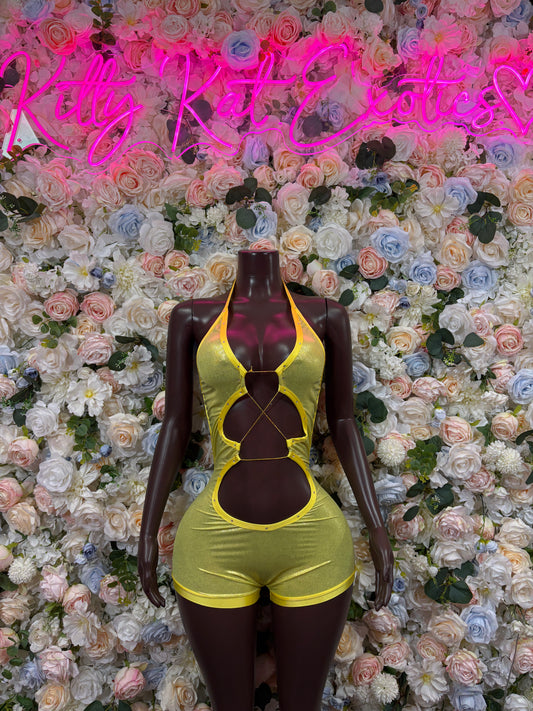 Yellow metallic cutout bodysuit with halter straps and circular chest openings