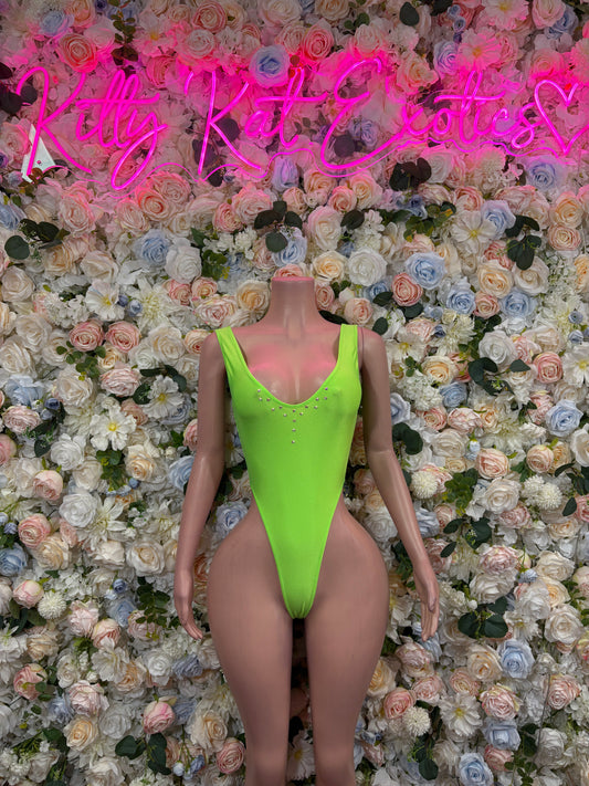 Neon green sleeveless one-piece bodysuit with high-cut legs
