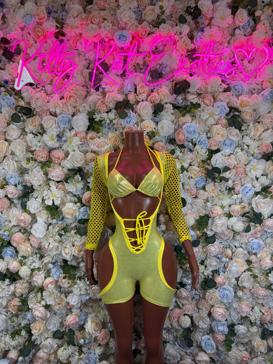Bottlegirl Metallic Yellow Bodysuit: Rave Outfit, Festival Clothing