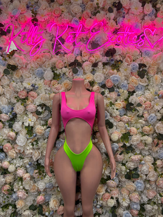 Multicolor one-piece bodysuit with pink scoop front and neon green leg panel