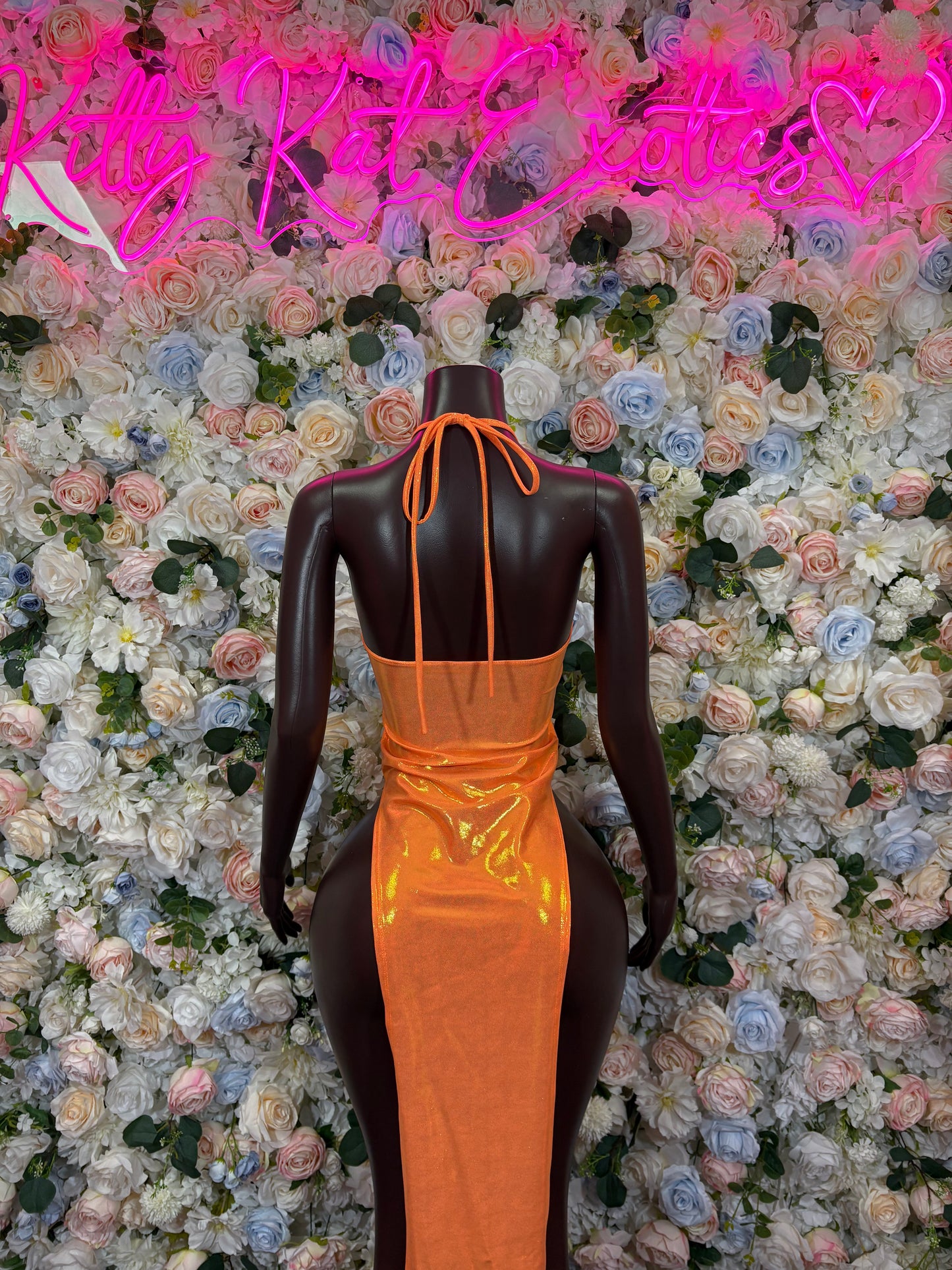 Orange Metallic Gown - Elegant Exotic Dancewear, Formal Evening Dress, Date Night Maxi Gown