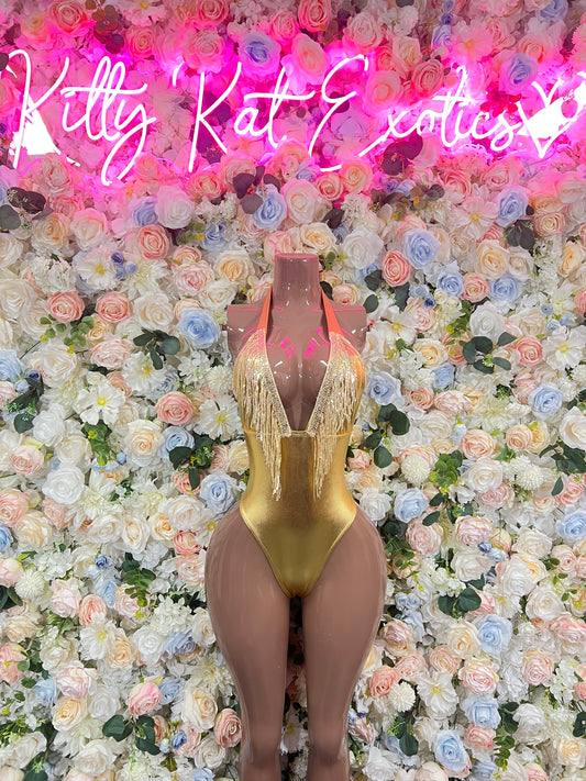 New Years Gold Metallic Bodysuit One Piece Women – New Year’s Eve Outfit, Exotic Dancewear, Stage Performance Costume