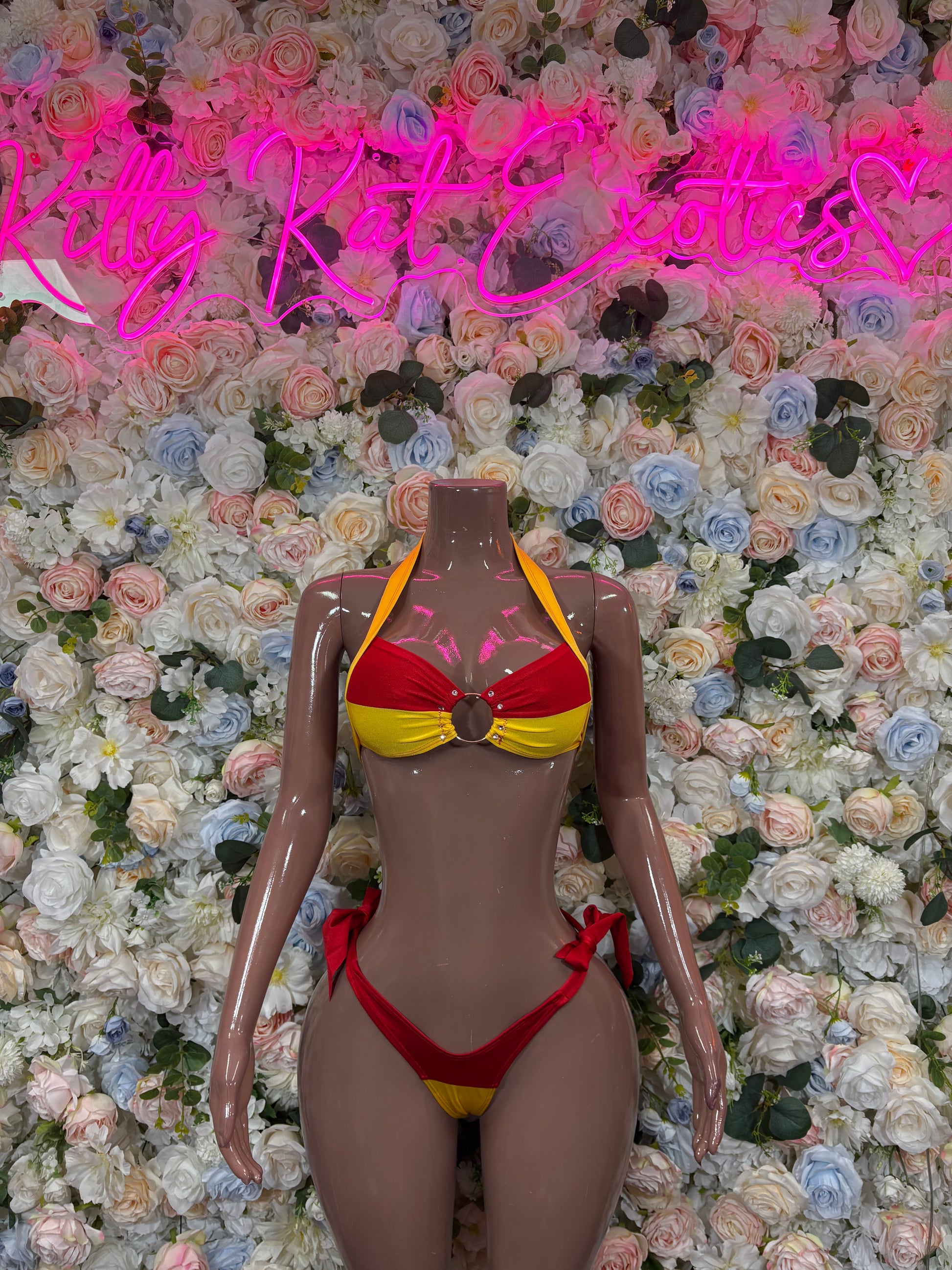 Red and yellow triangle halter bikini set with matching side-tie bottoms