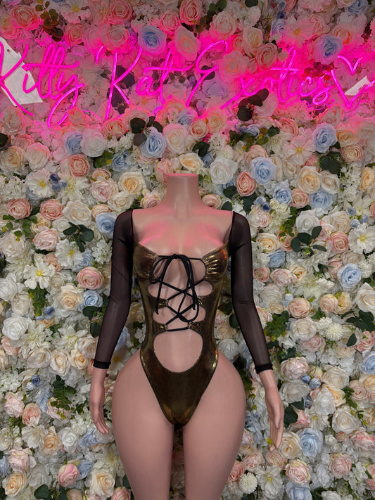 Women’s gold metallic bodysuit with black long sleeves, front lace-up and thong cut
