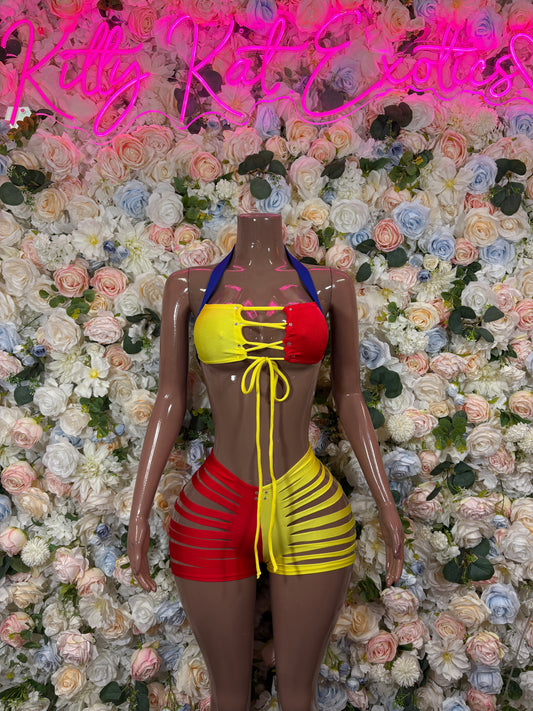 Colombian flag bikini set with strapless blue top, red-and-yellow striped mini shorts