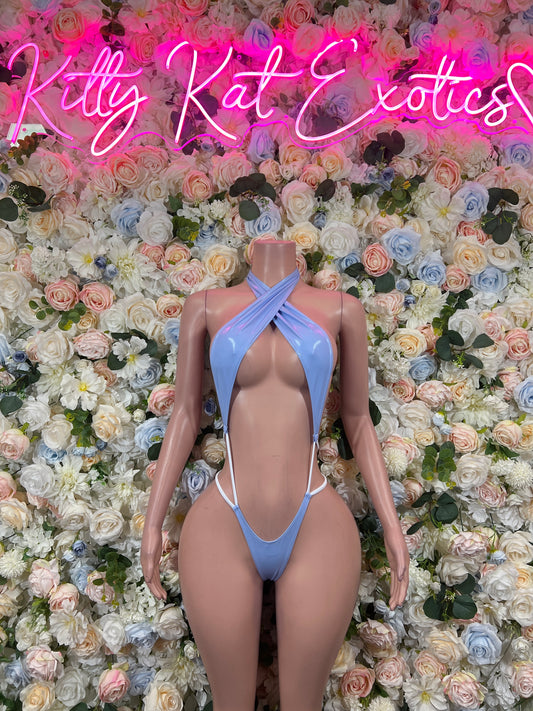 Blue halter bodysuit with high-cut bottoms and crossed strap back