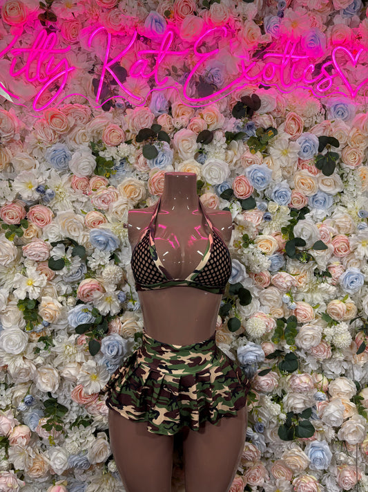 Camo print two-piece skirt set with triangle bra top and pleated mini skirt