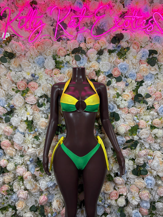Brazil flag bikini set on mannequin: green, yellow, blue triangle top
