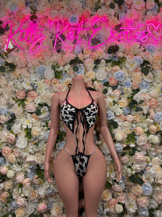 Animal-print halter thong bodysuit set with bow-tie front, open back