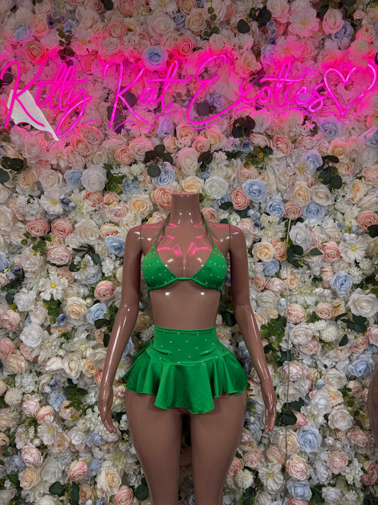 Green skirt set with beaded triangle bra top and ruffled mini skirt