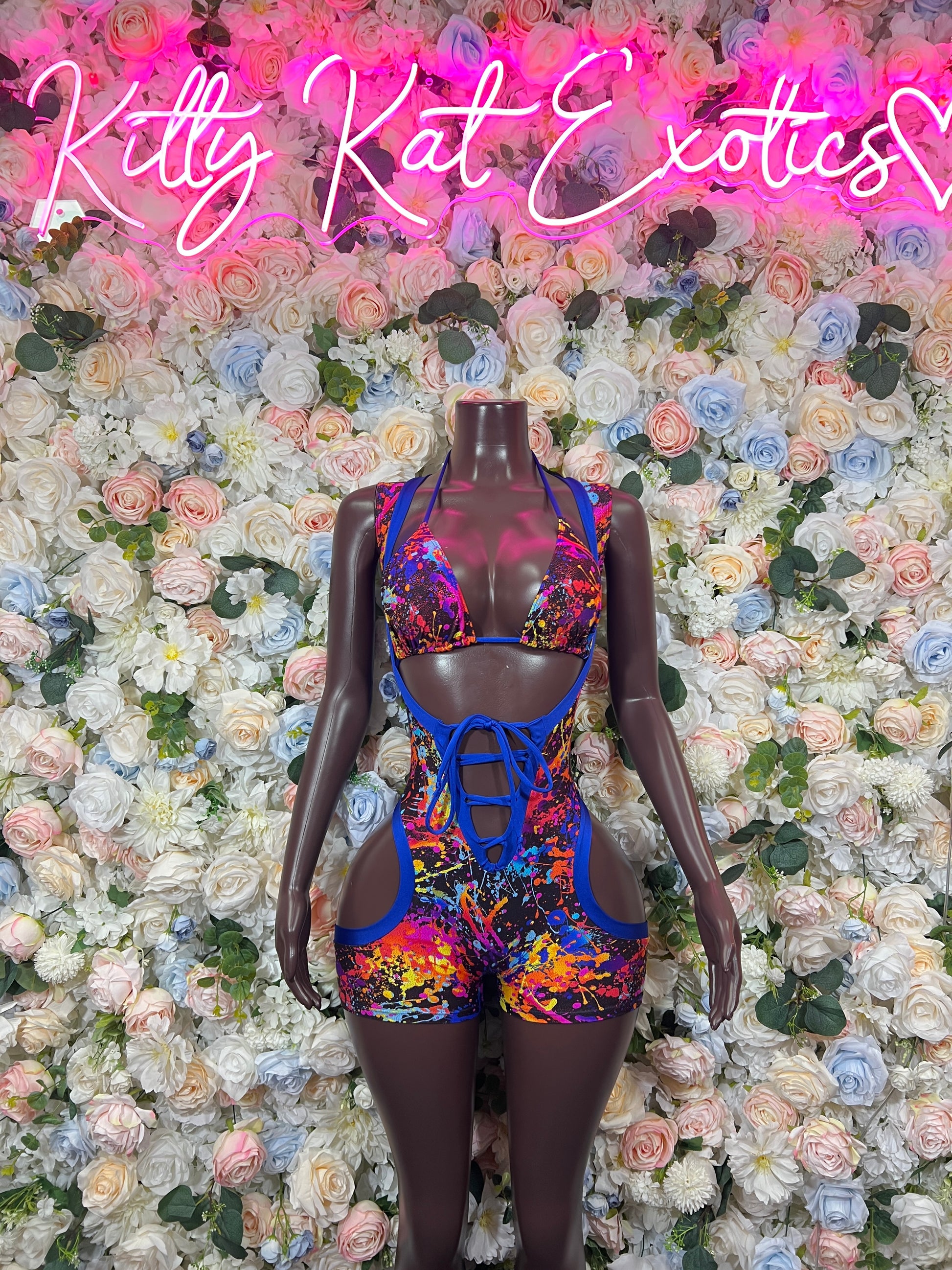 Multicolor paint-splatter lace-up bodysuit with triangle cups and open back cutouts