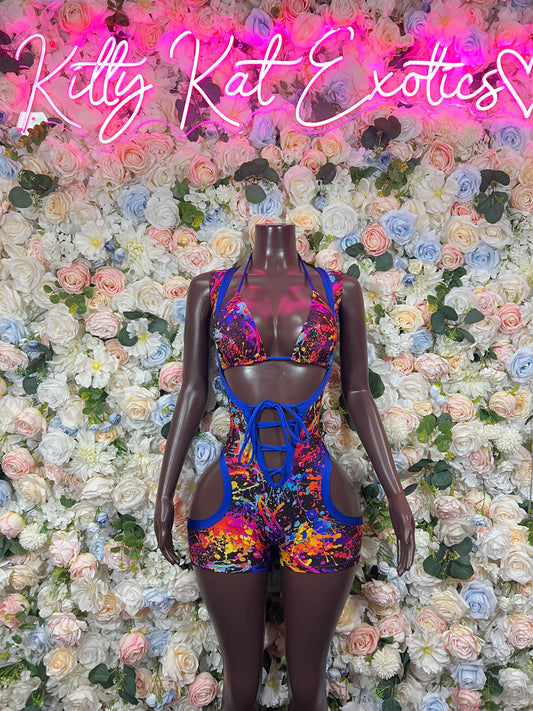 Multicolor paint-splatter lace-up bodysuit with triangle cups and open back cutouts