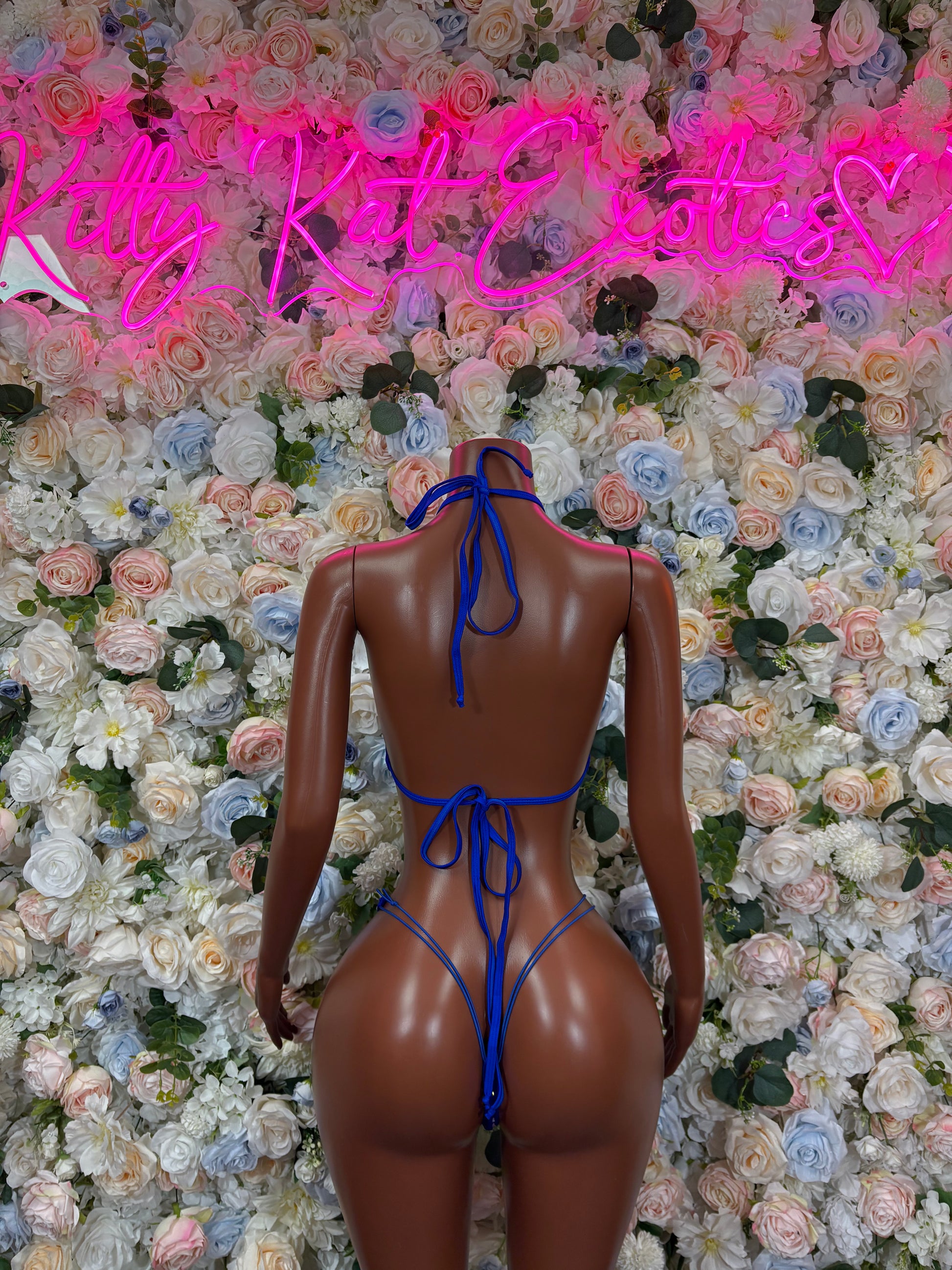 Blue rhinestone back-tie bikini with triangle top and matching bottom