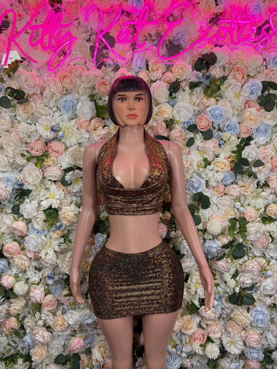 Shiny metallic halter crop top and mini skirt set, bronze-gold, front view