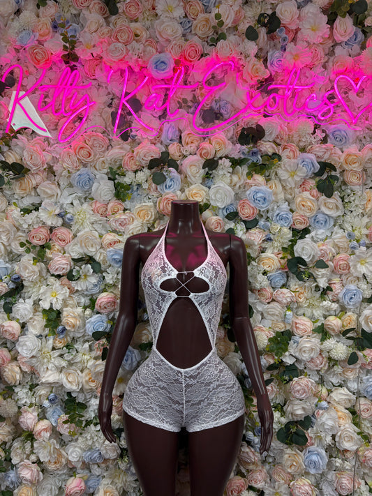 Silver metallic lace halter bodysuit with deep front cutout, mannequin view.