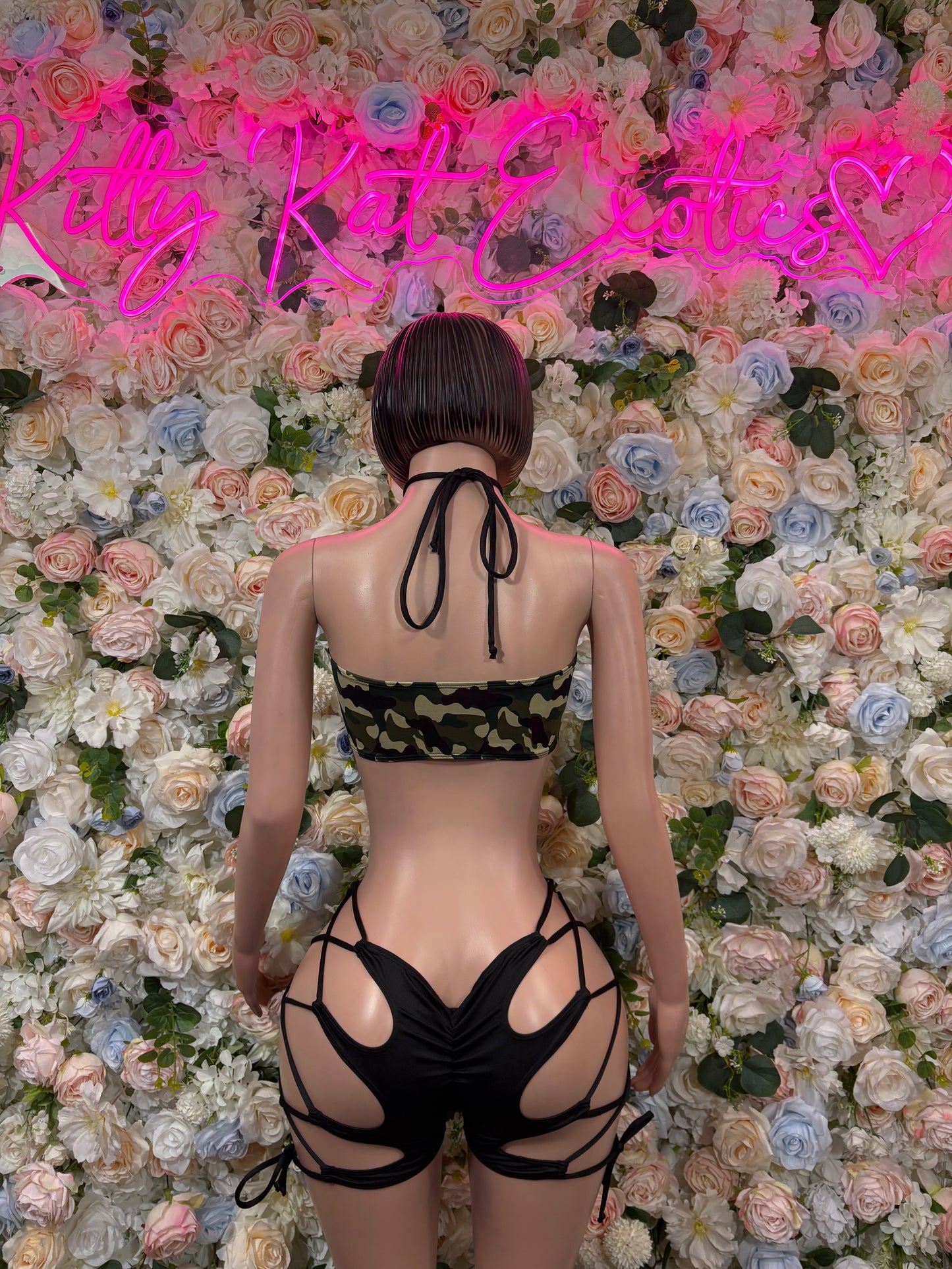 Camo print bodysuit with black back crisscross tie straps