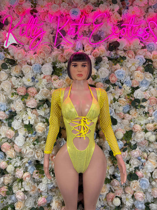Bottlegirl Metallic Yellow Bodysuit: Rave Outfit, Festival Clothing