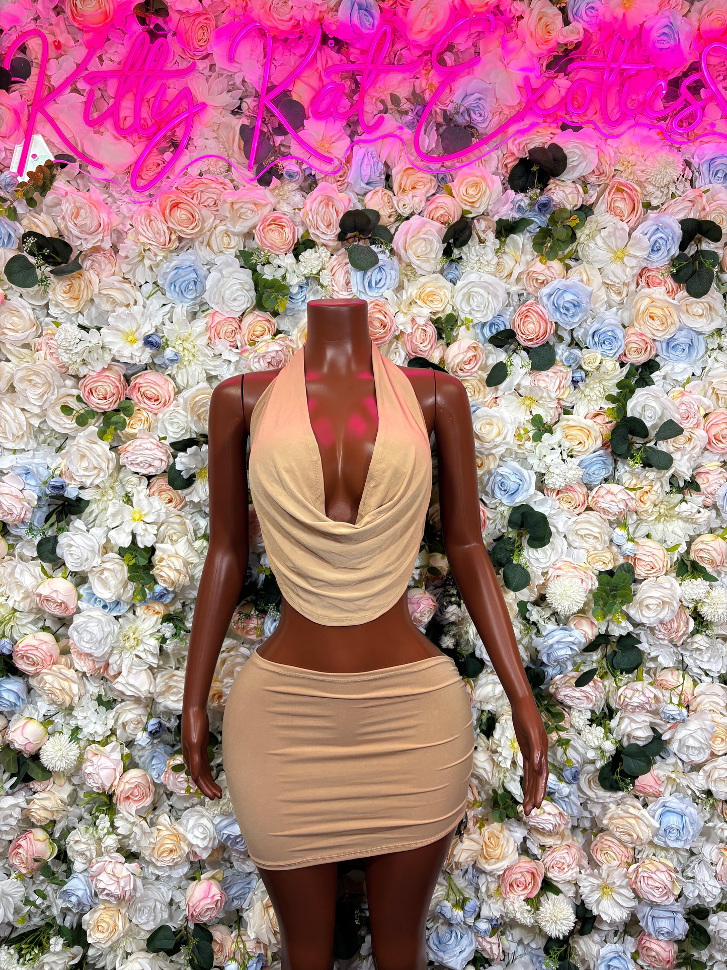 Nude draped halter mini dress with fitted skirt, two-piece club outfit