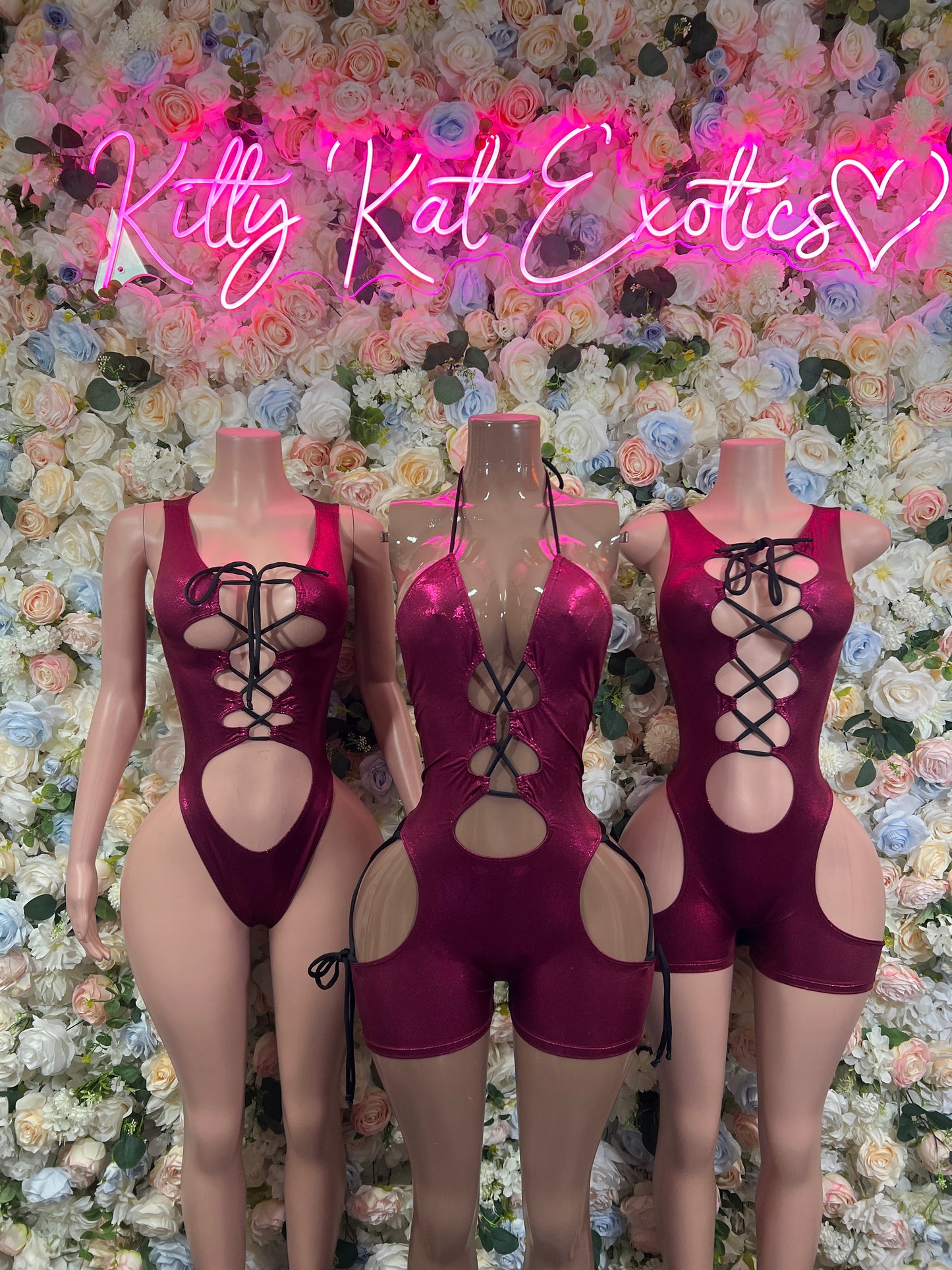 Burgundy lace-up dance bodysuit shown front and open back, three views