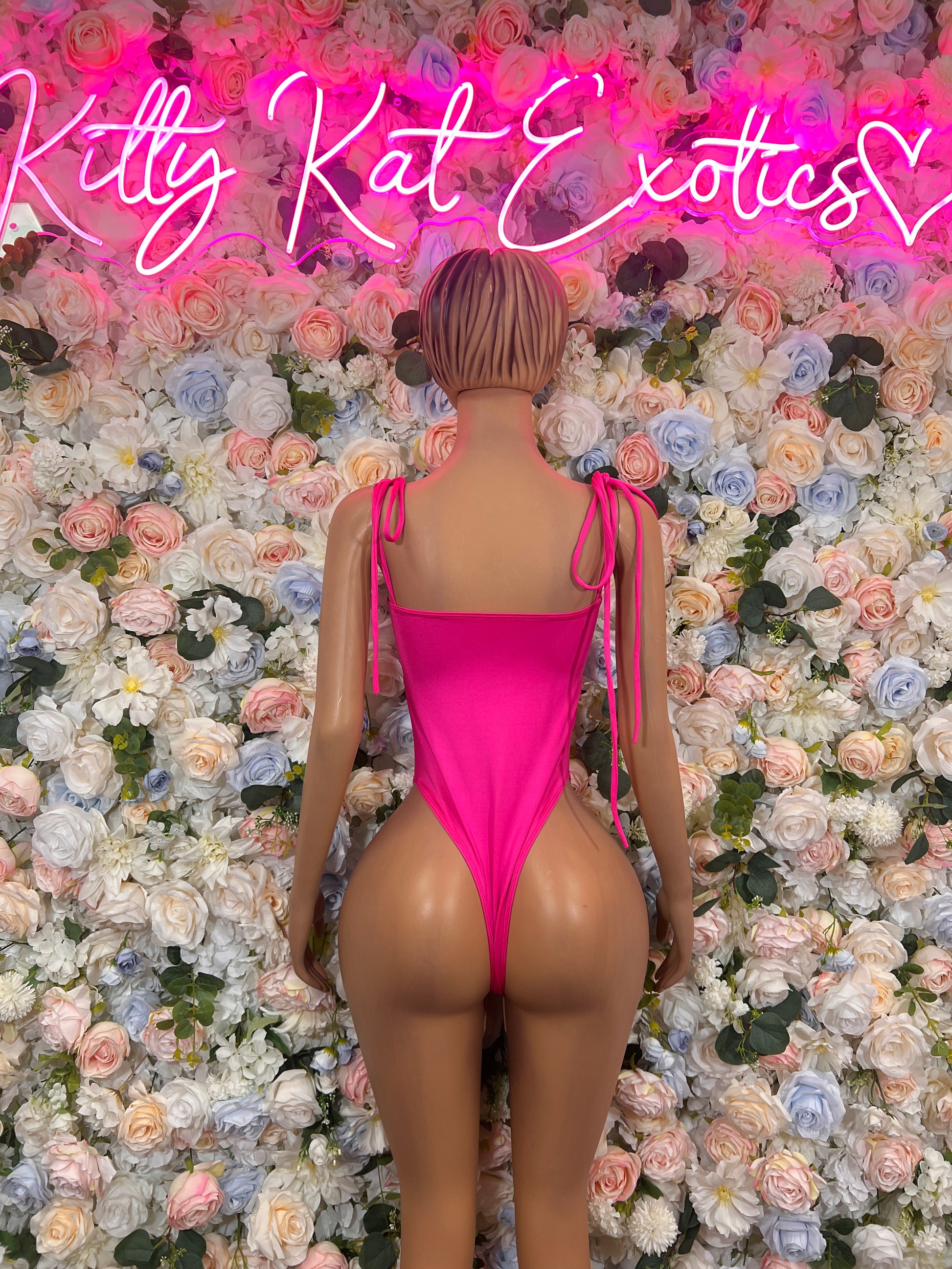 Hot pink metallic cheetah bodysuit, open back with tied shoulder straps