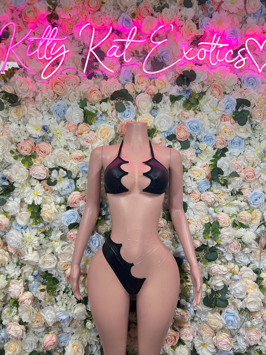 Matte black latex bikini with halter top and front cutout, micro thong bottom