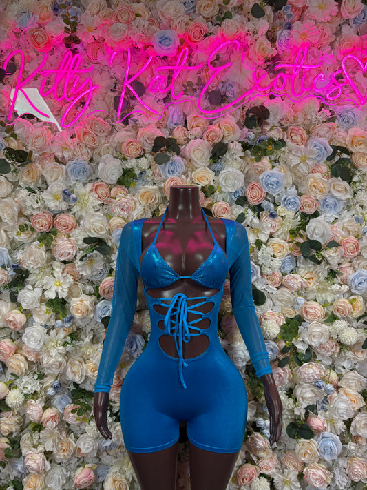 Royal blue metallic long-sleeve bodysuit with V-neck and lace-up front cutout