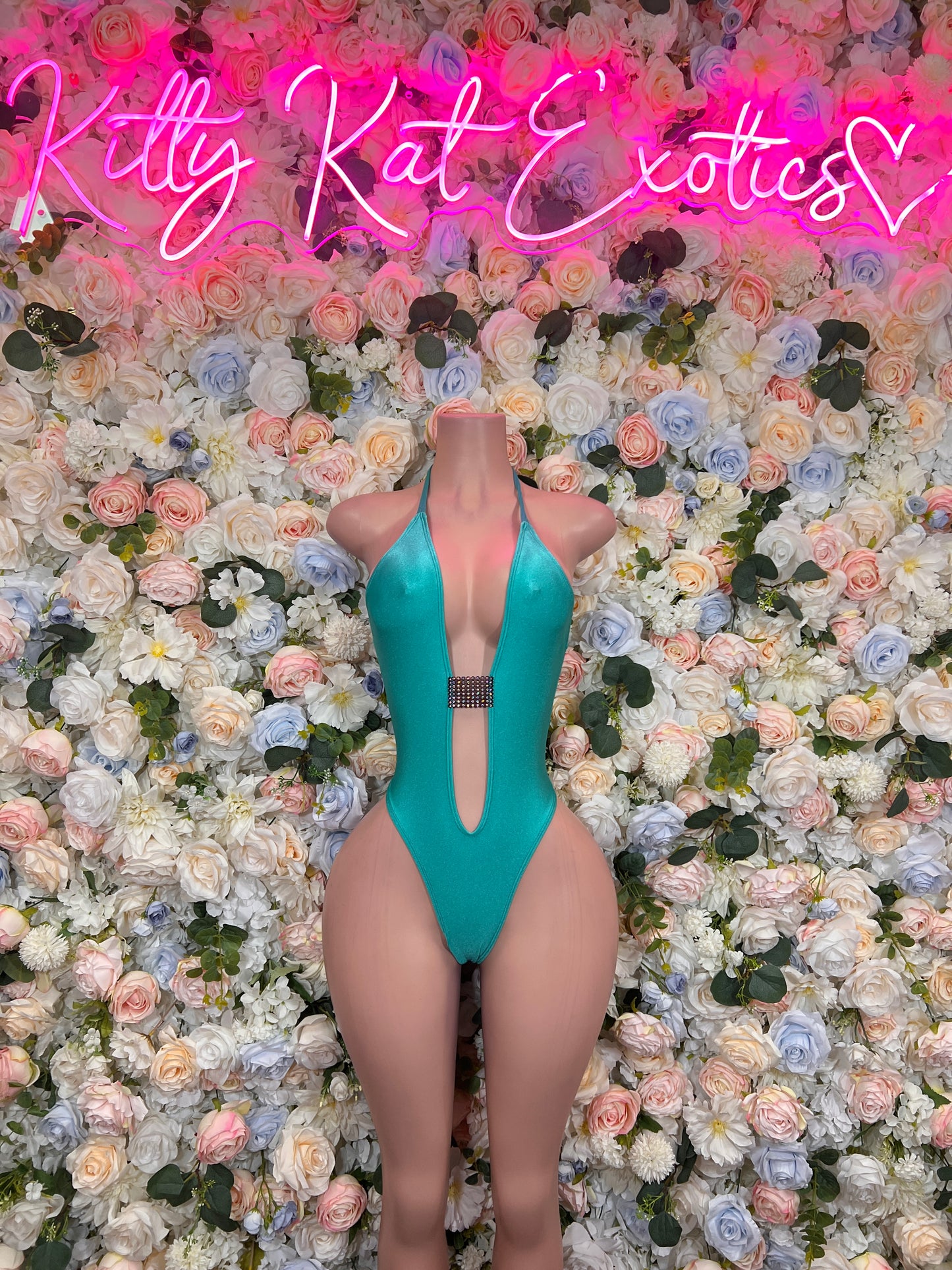 Teal One Piece Bodysuit, Cutout Halter Rhinestone One Piece, Rave Festival Clubwear