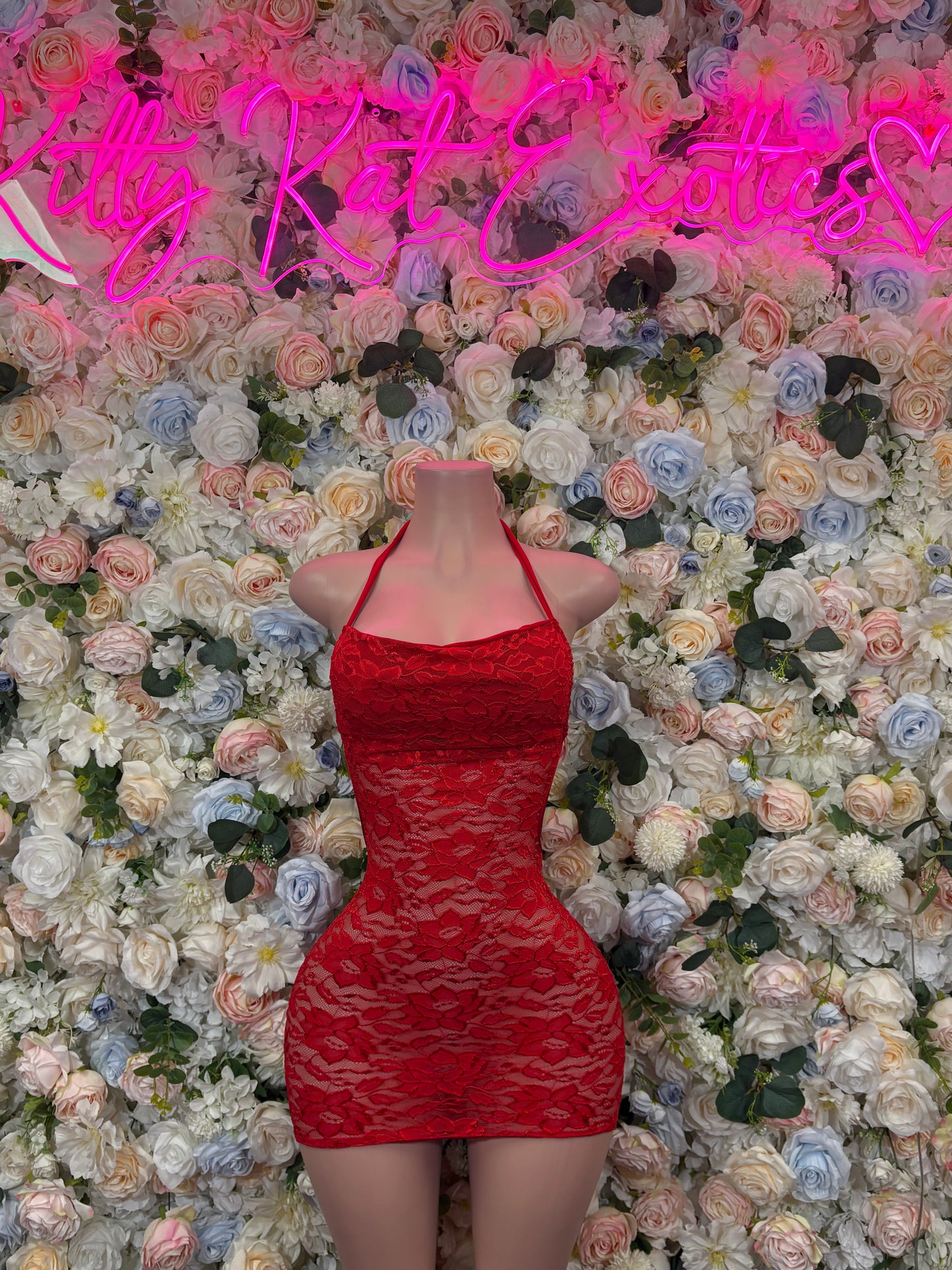 Red mesh one-piece dress with halter straps and fitted bodycon fit