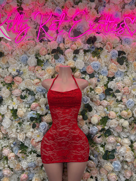 Red mesh one-piece dress with halter straps and fitted bodycon fit