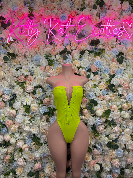 Neon green strappy bodysuit with back cutout and thong leg openings