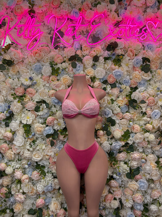 Pink two-piece bikini set with triangle bra and high-cut matching bottoms