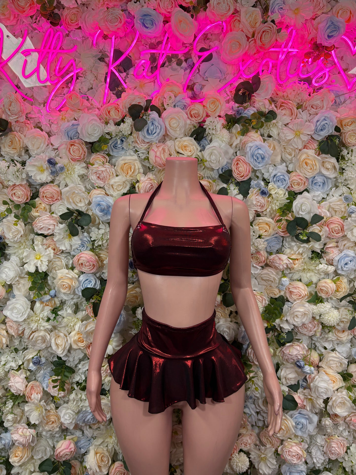 Christmas Bottlegirl Outfit Red Two Piece Skirt Set Ravewear Exotic Dancewear for Performers, Raves, & Festival Clothing