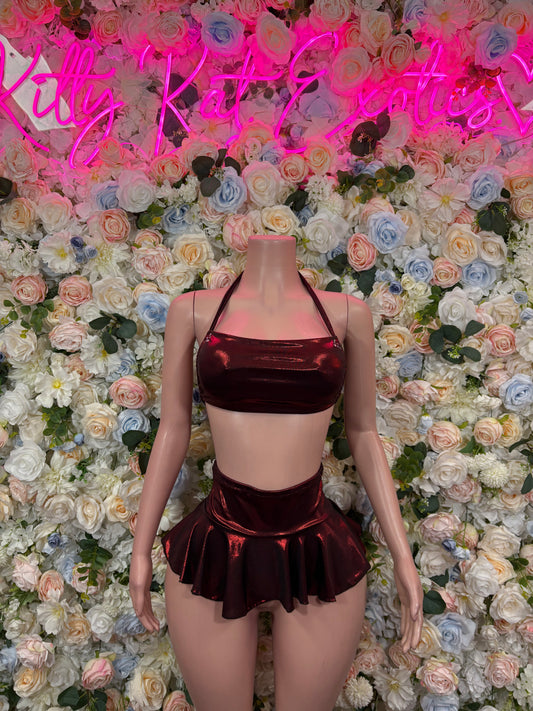 Christmas Bottlegirl Outfit Red Two Piece Skirt Set Ravewear Exotic Dancewear for Performers, Raves, & Festival Clothing