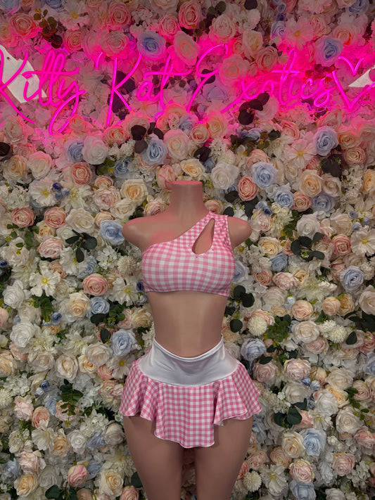 Exotic Dancewear Two Piece Pink White Schoolgirl Skirt Set Festival Wear Exotic Dancewear