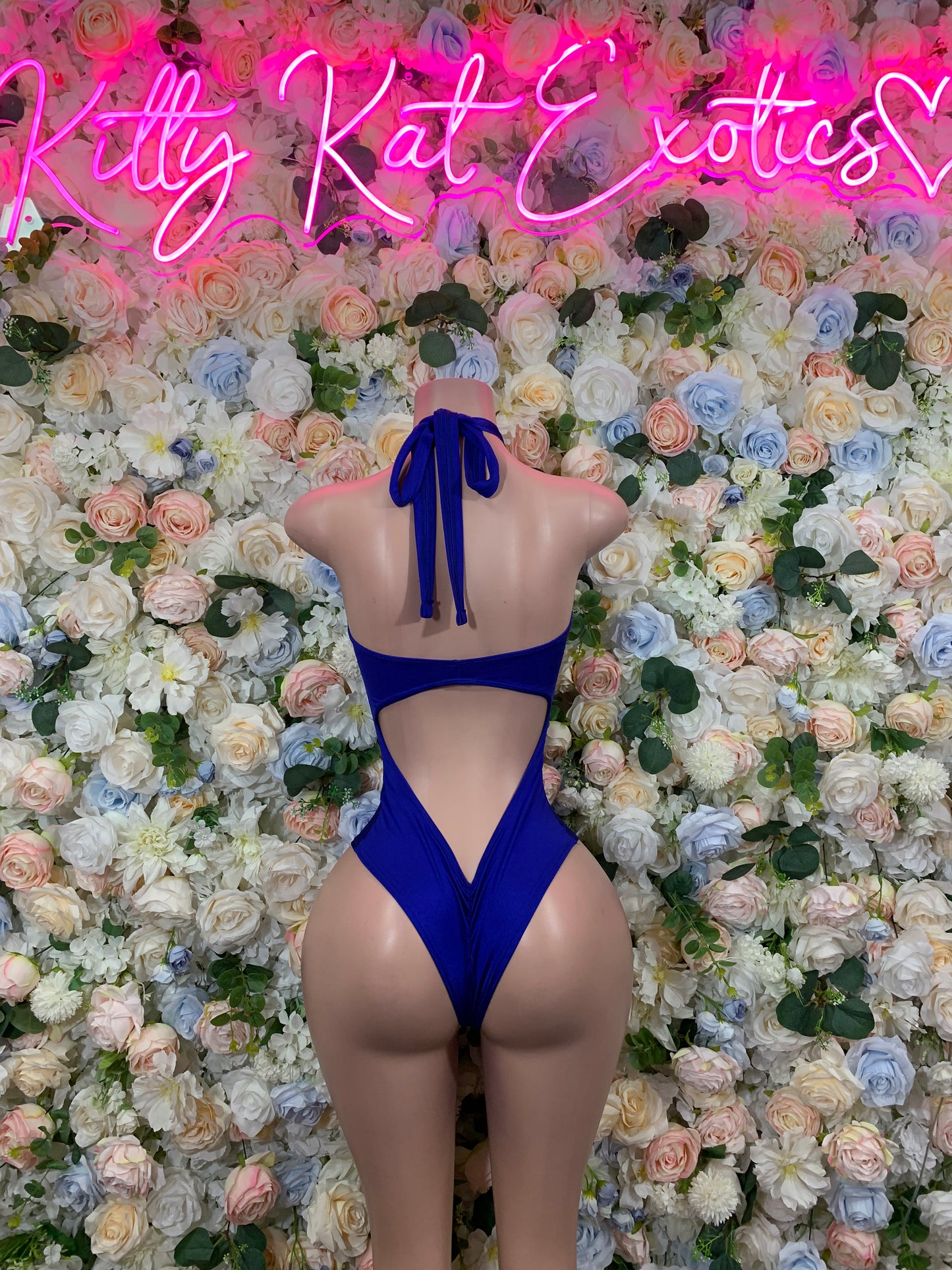 Navy halter one-piece rave swimsuit, open back with neck tie and V-back cutout