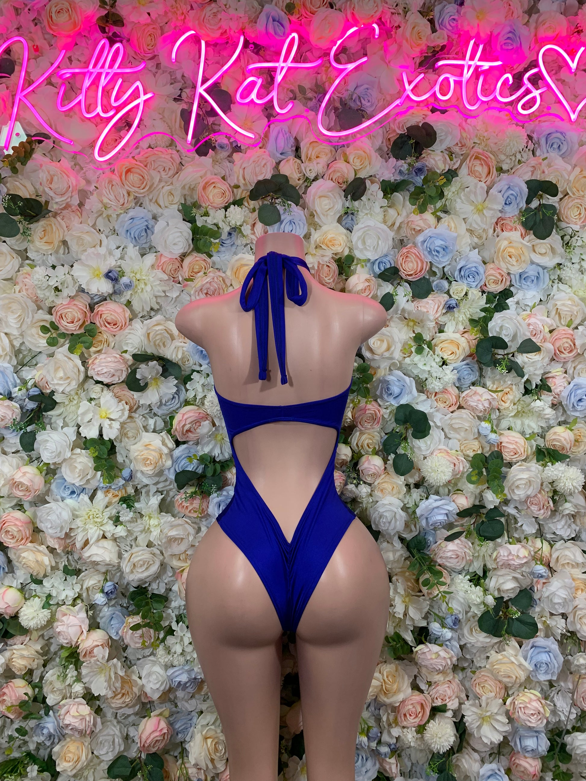 Navy halter one-piece rave swimsuit, open back with neck tie and V-back cutout