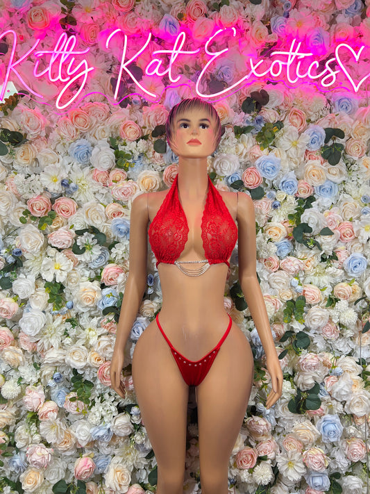 Red lace triangle bikini with tie-side bottoms and layered underbust detail