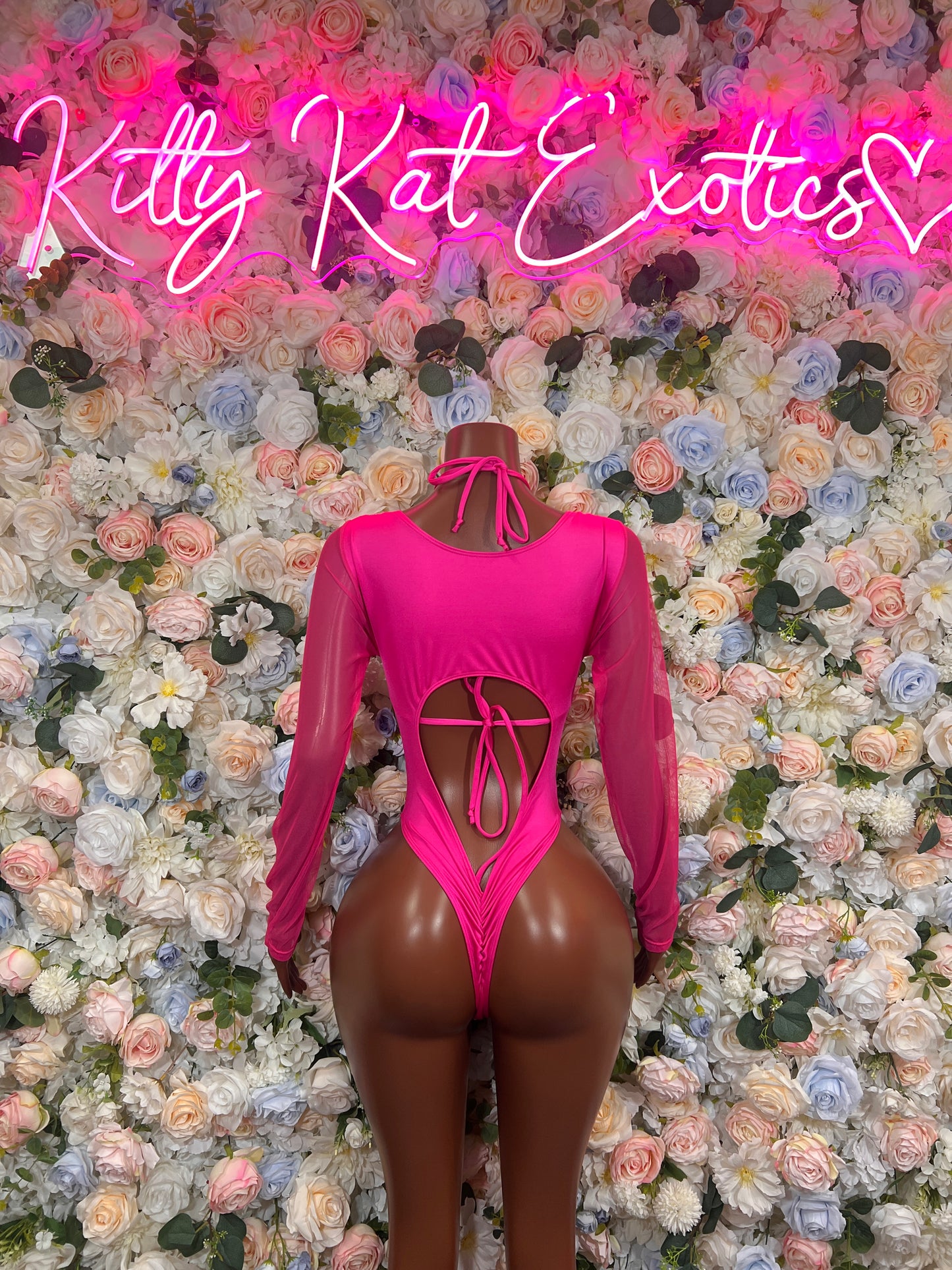 Hot pink metallic cheetah-print bodysuit, open back with lace-up straps