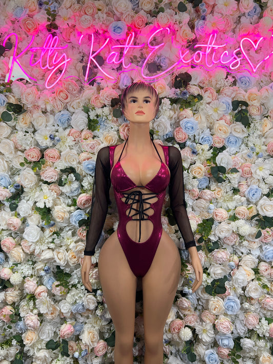 Burgundy dance bodysuit with lace-up front and sheer black long sleeves