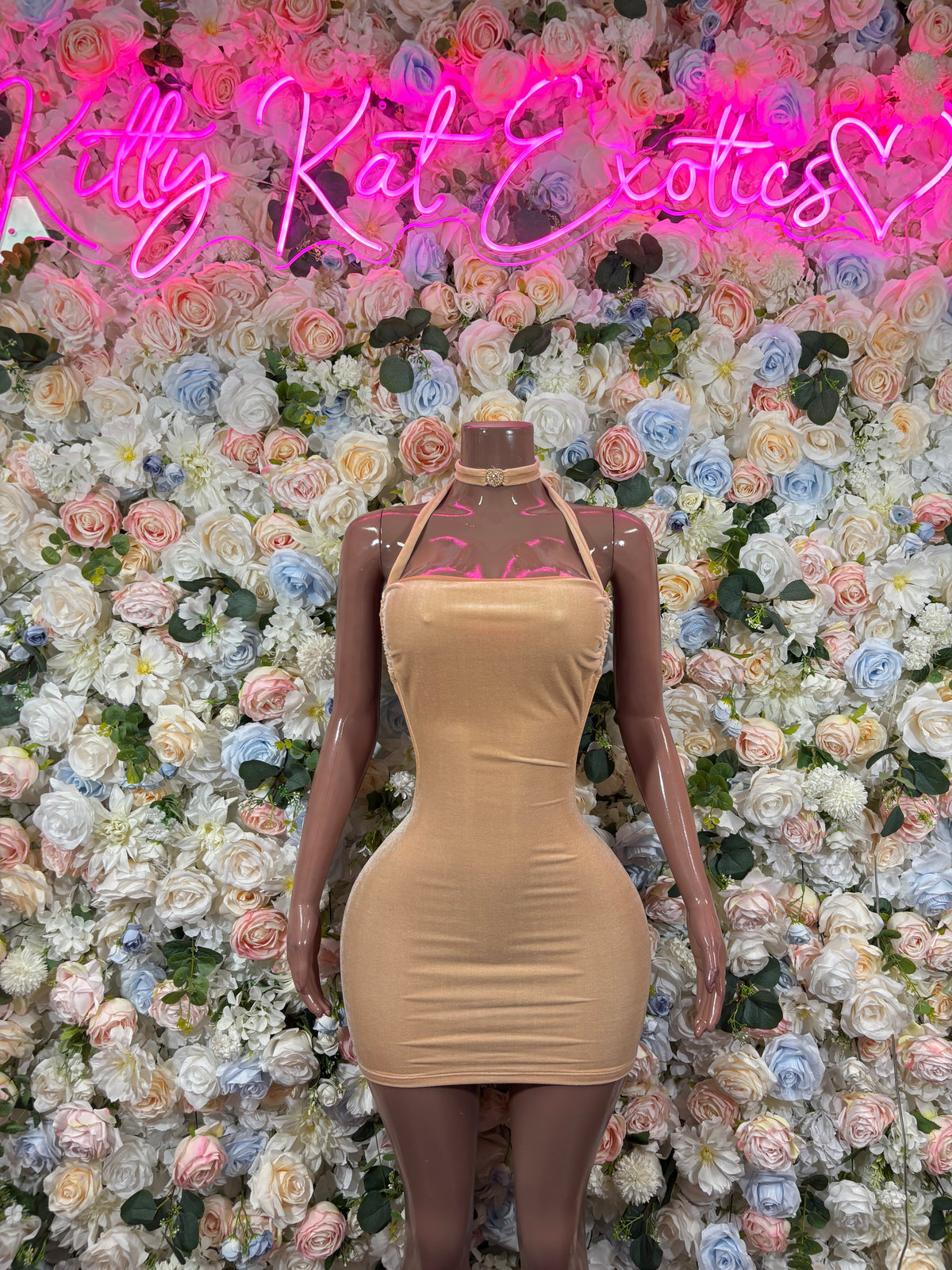Champagne Halter Mini Dress – Women’s Bodycon Club Dress, Date Night & Party Outfit