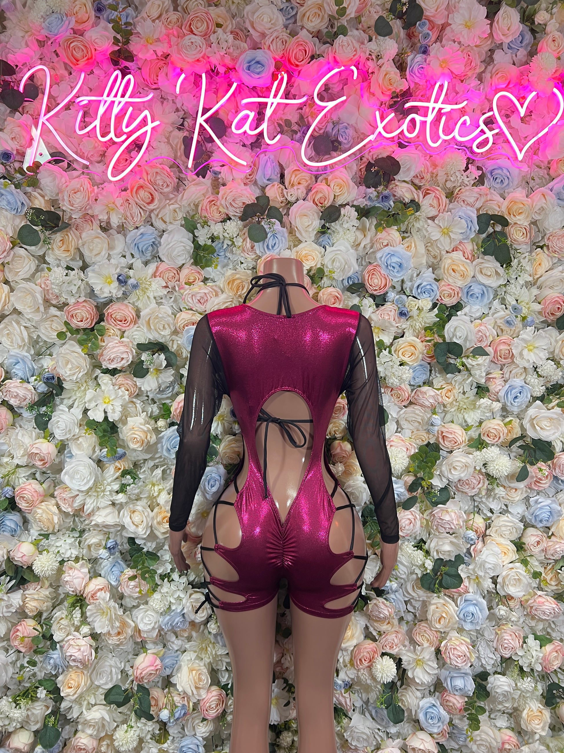 Burgundy dance bodysuit with sheer black sleeves and back cutout straps