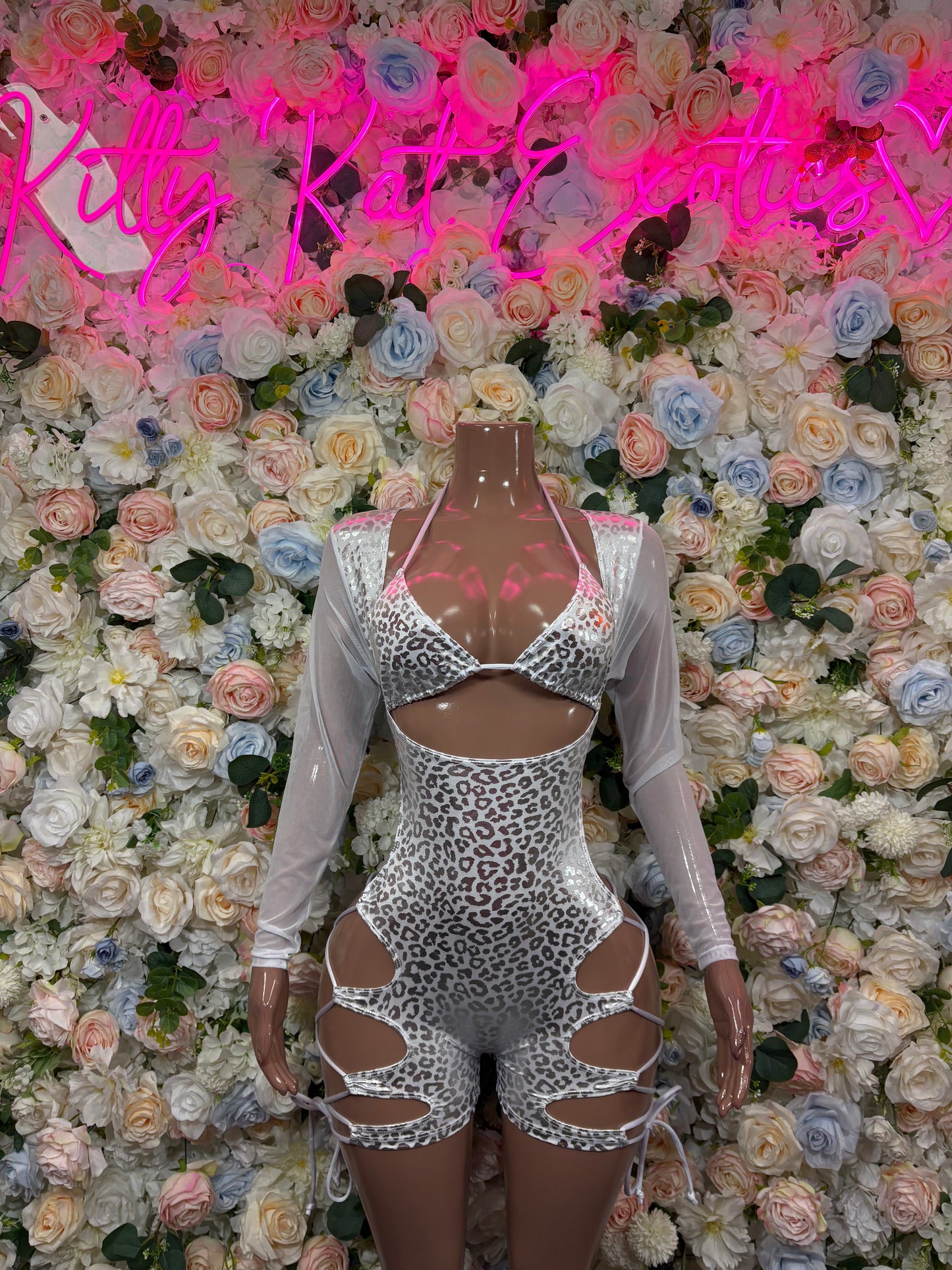 Bottlegirl Bodysuit Silver Cheetah One Piece - Hologram Design | Exotic Dancewear for Performers, Raves