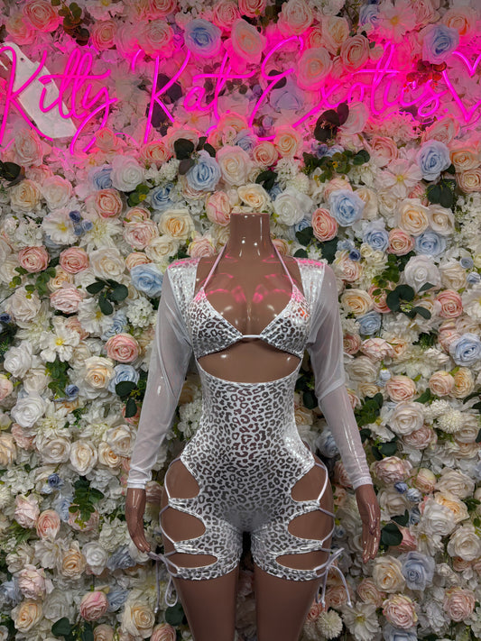Bottlegirl Bodysuit Silver Cheetah One Piece - Hologram Design | Exotic Dancewear for Performers, Raves