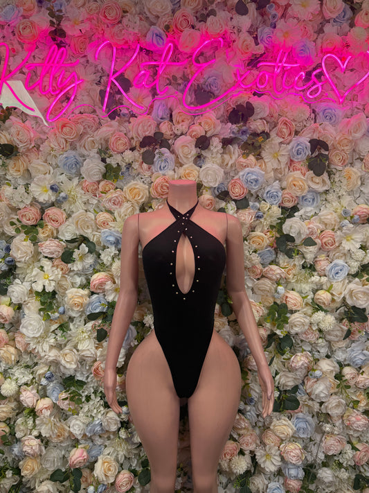 Black studded cutout one-piece bodysuit with open back and V neckline