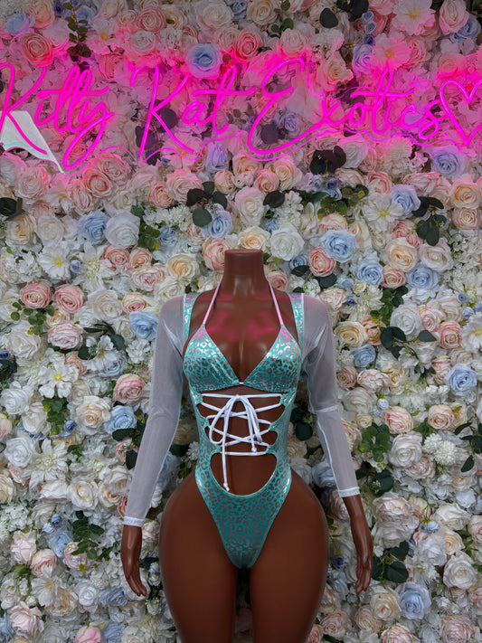 Aqua teal cheetah-print bodysuit with lace-up cutout front and sheer long sleeves