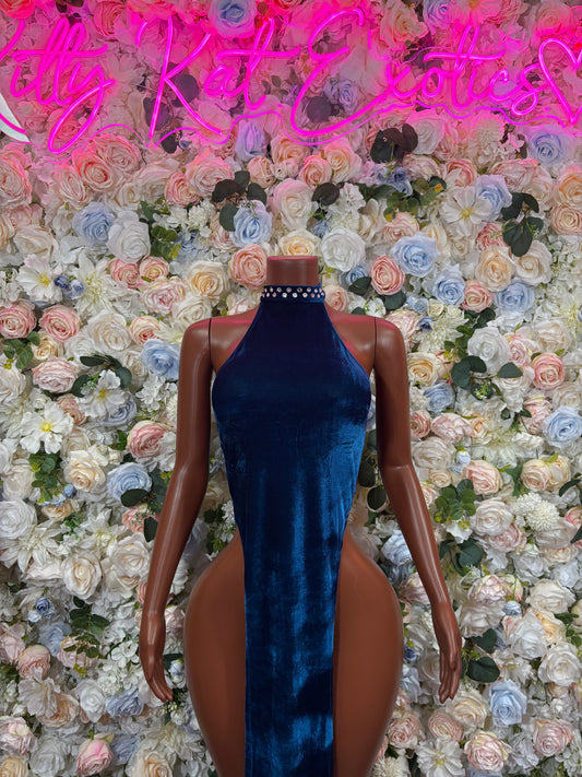 Blue velvet halter maxi gown, sleeveless high-neck front with slit at hem