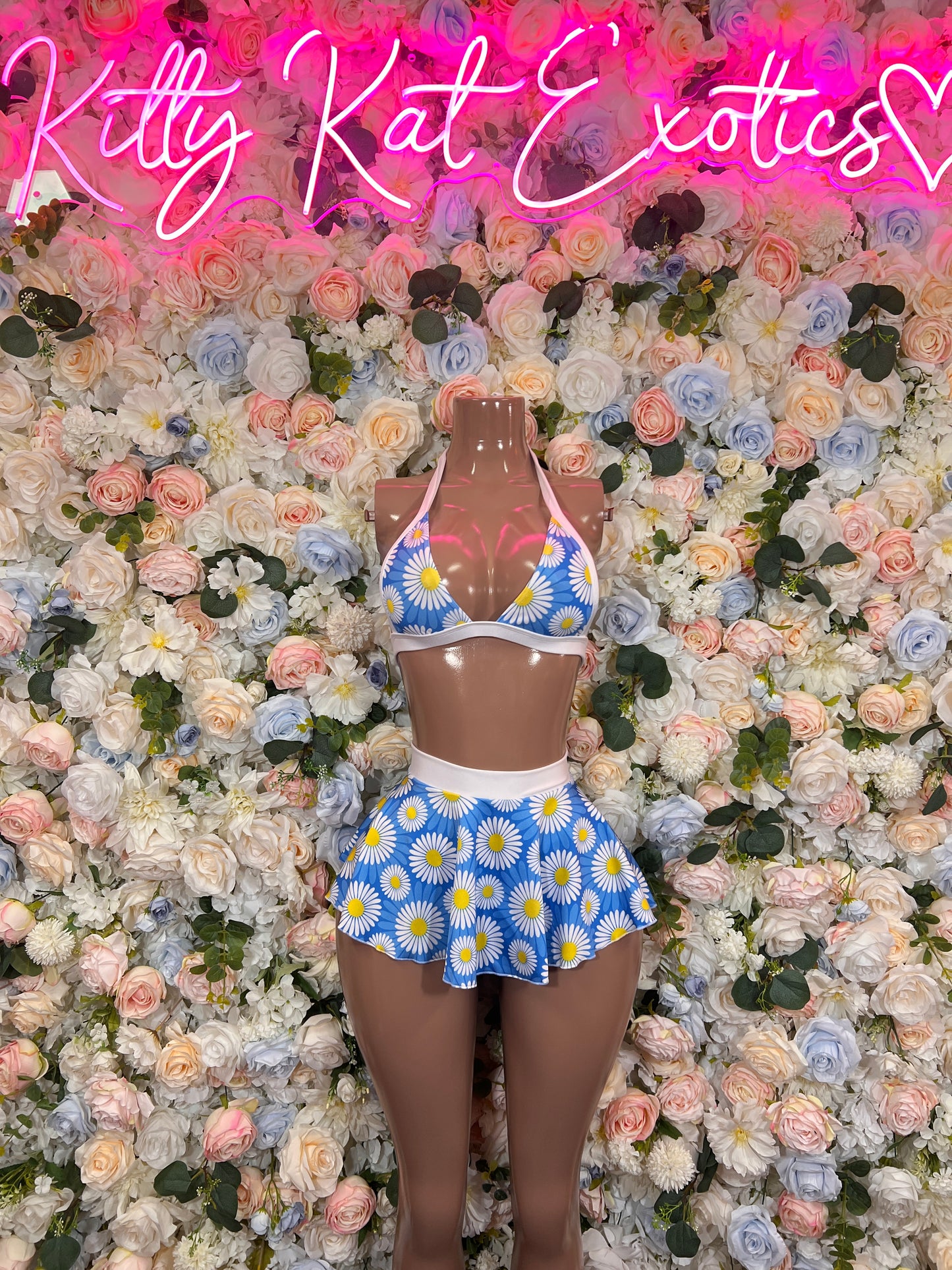 Blue Floral Print Two Piece Skirt Festival Outfit