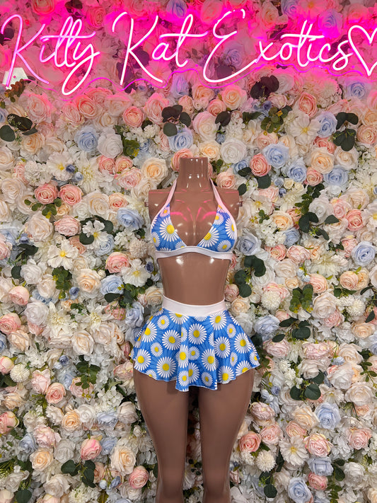 Two-piece skirt set with blue daisy print triangle bralette and flared mini skirt