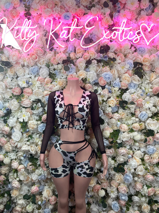 Bottlegirl Cow Print Bodysuit  - One Piece Bartender Outfit, EDM Dancewear, Party Clubwear