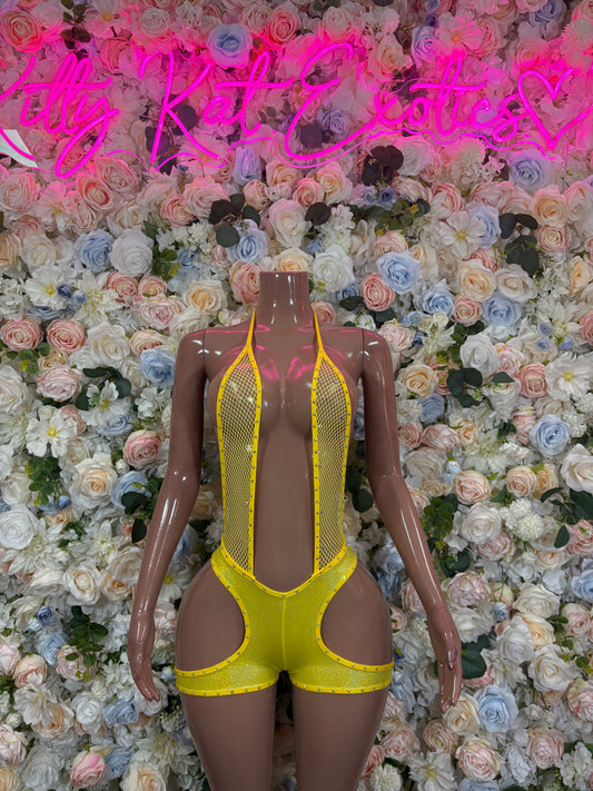 Yellow Fishnet Bodysuit Rave Festival Outfit Exotic Dancewear